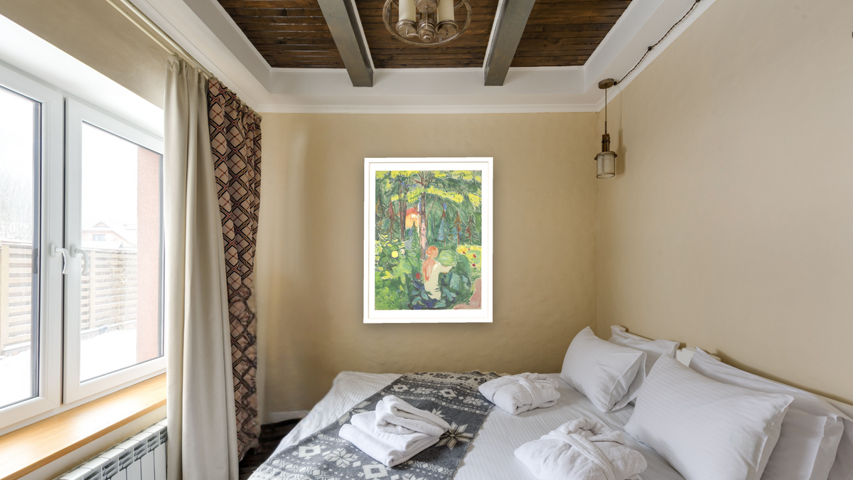 Woman with Pumpkin by Edvard Munch, shown at 30 × 40 in (76.2 × 101.6 cm) in Arber Light Walnut, hotel guest room