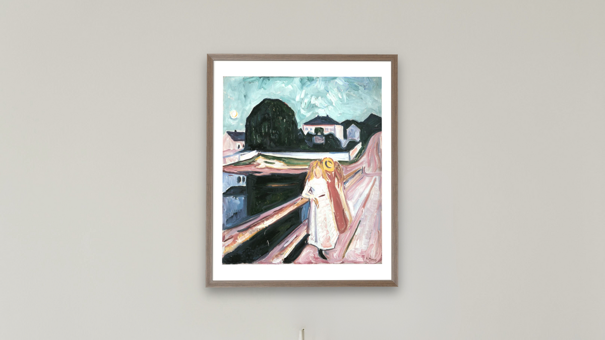 Girls on the Pier by Edvard Munch, shown at 32 × 40 in (81.3 × 101.6 cm) in Arber Light Walnut, boardroom