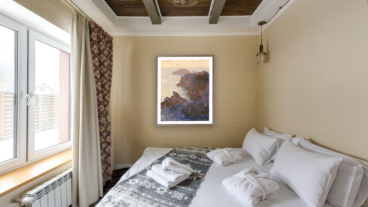 Rocky Point at Port-Goulphar by Claude Monet, shown at 32 × 40 in (81.3 × 101.6 cm) in Arber Light Walnut, hotel guest room