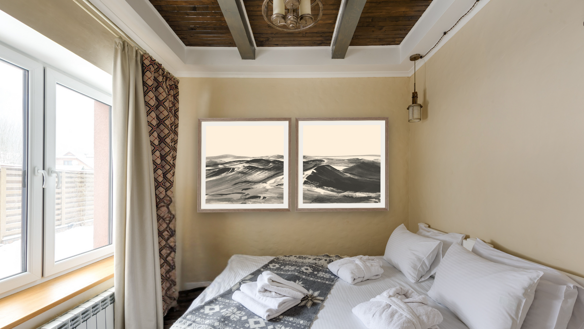 Diptych — Dustland 1 × Dustland 2, shown at 32 × 32 in (81.3 × 81.3 cm) in Arber Light Walnut, hotel guest room
