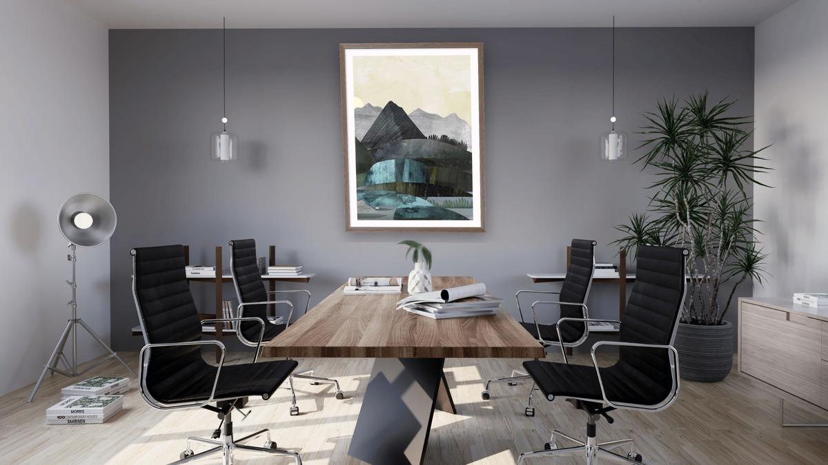 Dream Land 2 by Dan Hobday, shown at 30 × 42 in (76.2 × 106.7 cm) in Arber Light Walnut, boardroom