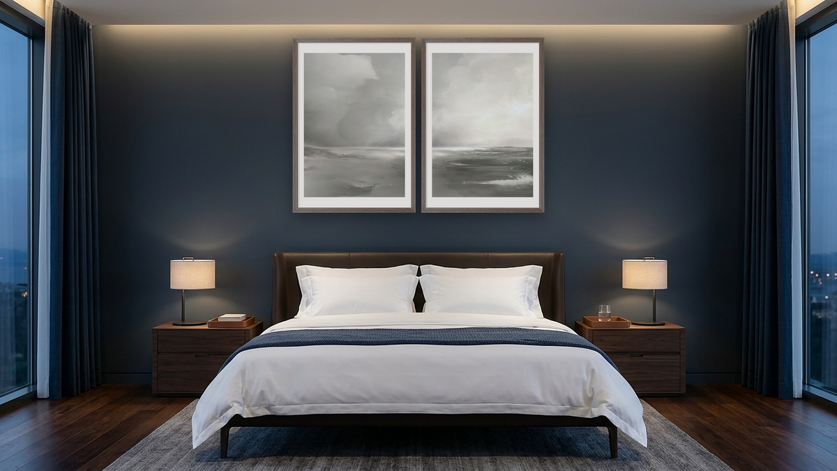 Diptych — After The Storm 1 × After The Storm 2, shown at 28 × 42 in (71.1 × 106.7 cm) in Arber Light Walnut, hotel guest room