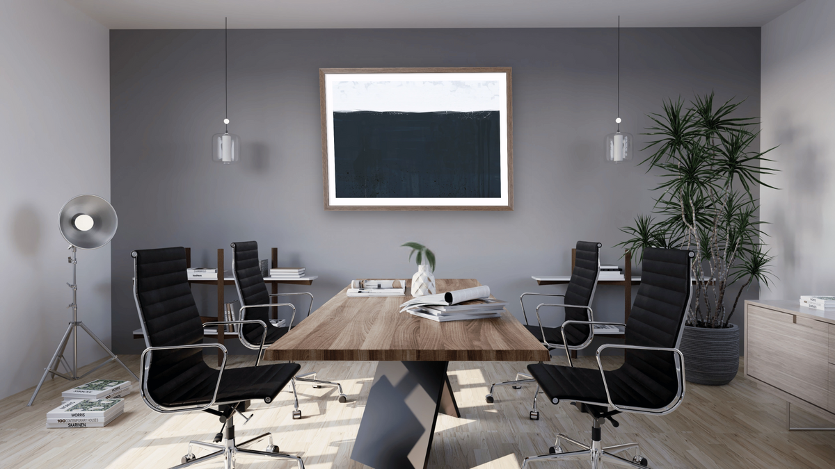 Deep Sea by Dan Hobday, shown at 30 × 42 in (76.2 × 106.7 cm) in Arber Light Walnut, boardroom