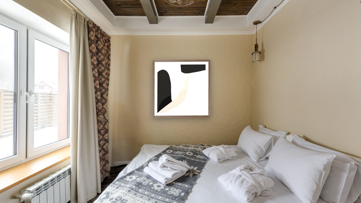 Minimal Shapes 1 by Dan Hobday, shown at 32 × 32 in (81.3 × 81.3 cm) in Arber Light Walnut, hotel guest room