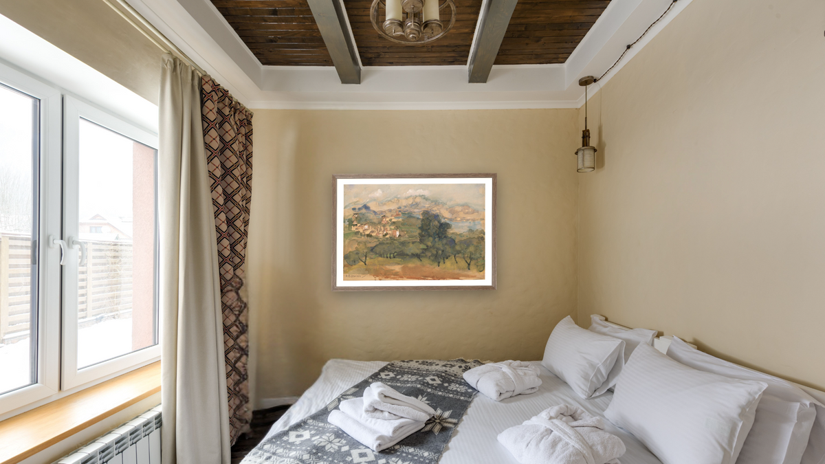 Olive Trees by Arthur Bowen Davies, shown at 28 × 42 in (71.1 × 106.7 cm) in Arber Light Walnut, hotel guest room