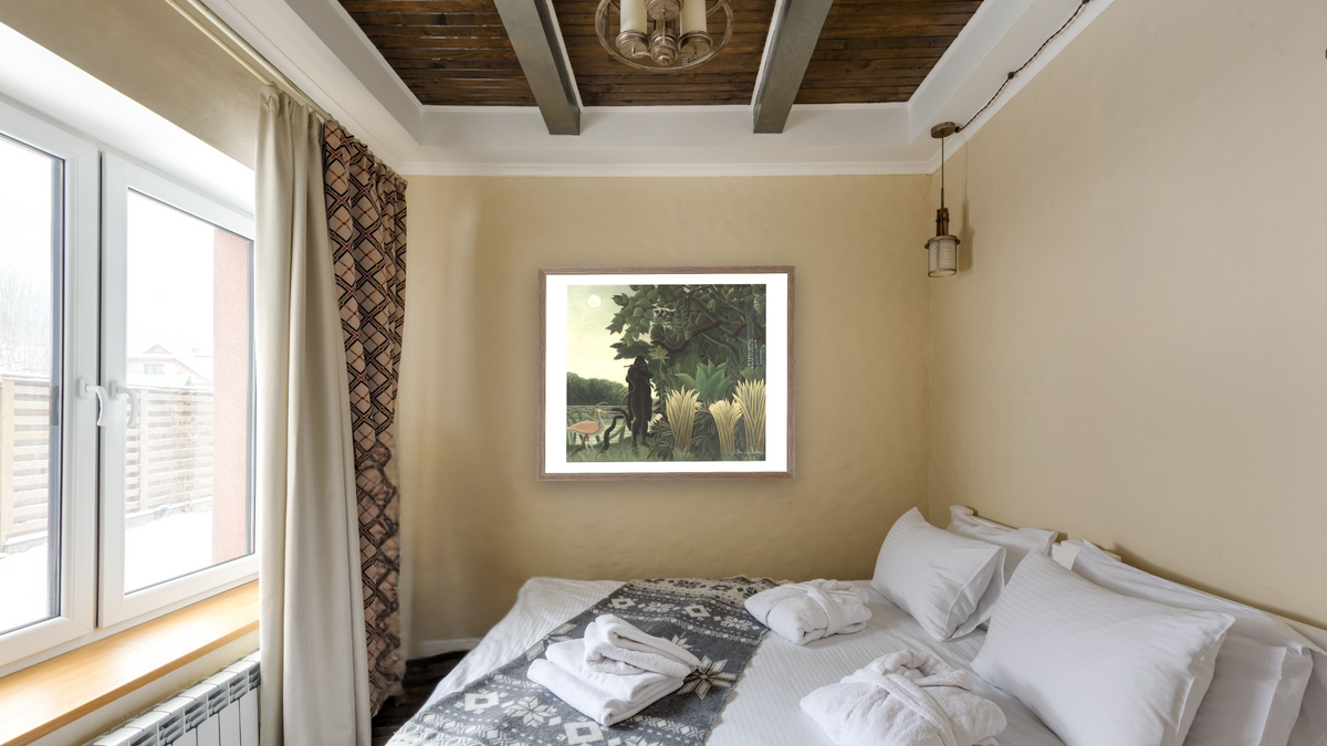 The Snake Charmer (La charmeuse de serpents) by Henri Rousseau, shown at 32 × 40 in (81.3 × 101.6 cm) in Arber Light Walnut, hotel guest room