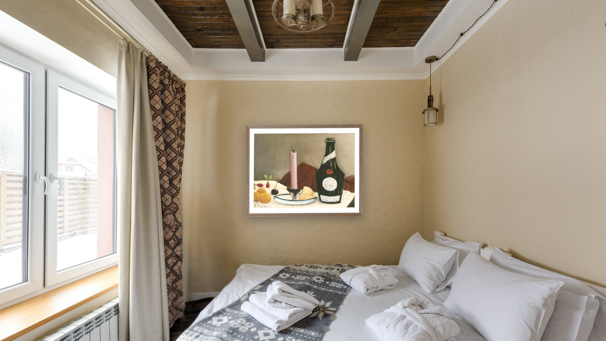 The Pink Candle by Henri Rousseau, shown at 30 × 40 in (76.2 × 101.6 cm) in Arber Light Walnut, hotel guest room