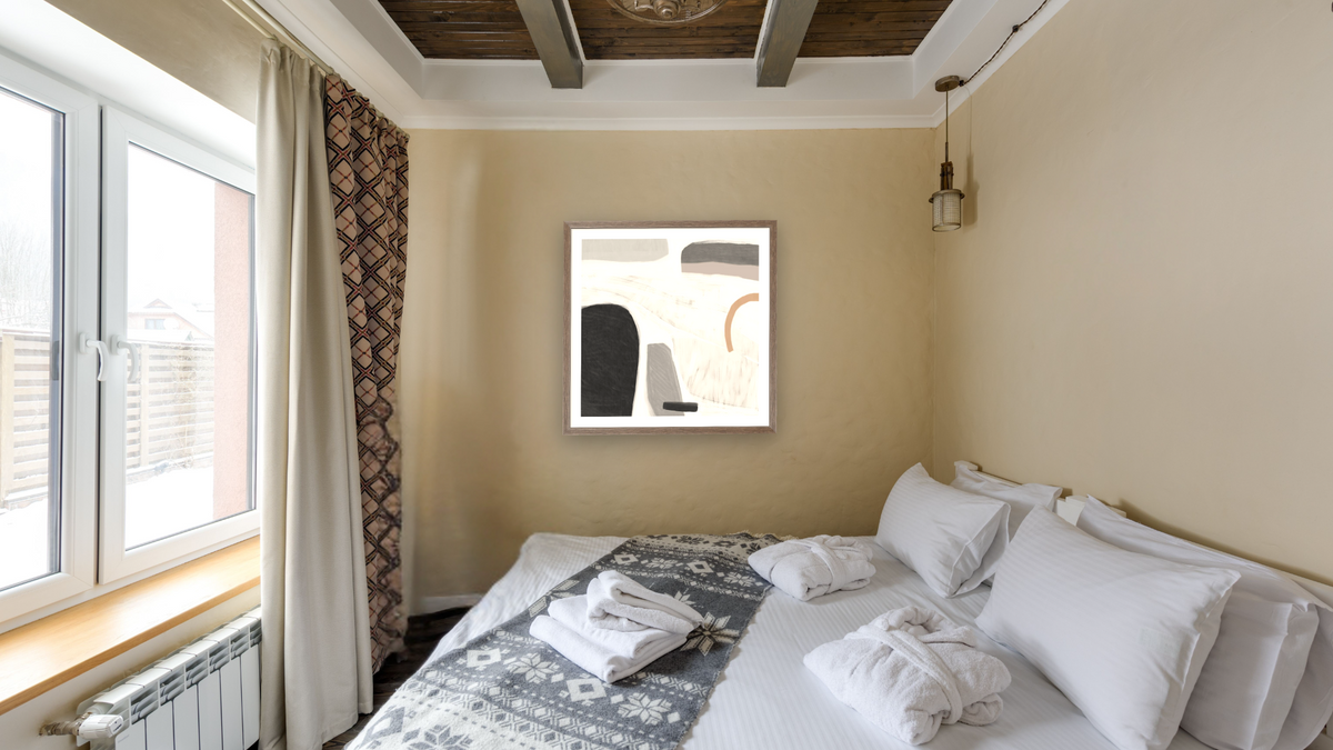 Drop by Dan Hobday, shown at 32 × 32 in (81.3 × 81.3 cm) in Arber Light Walnut, hotel guest room