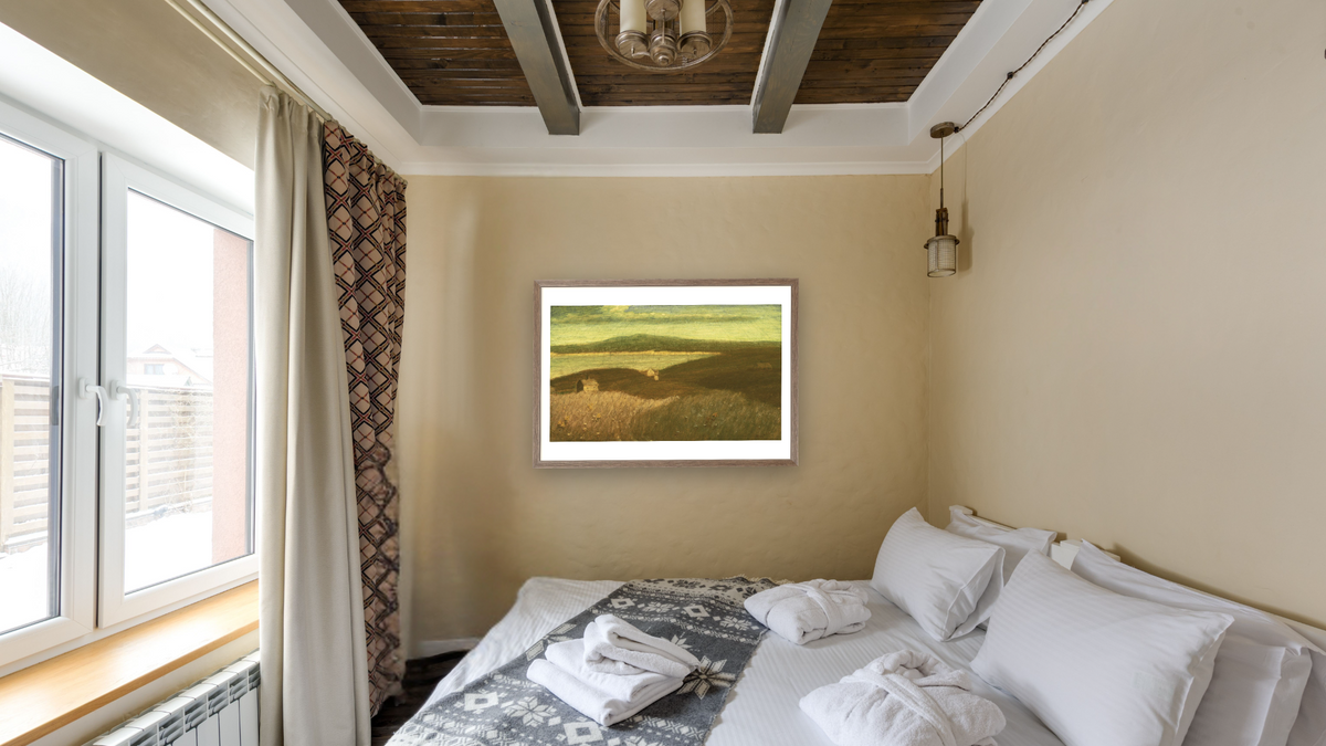 Gay Head by Albert Pinkham Ryder, shown at 28 × 42 in (71.1 × 106.7 cm) in Arber Light Walnut, hotel guest room