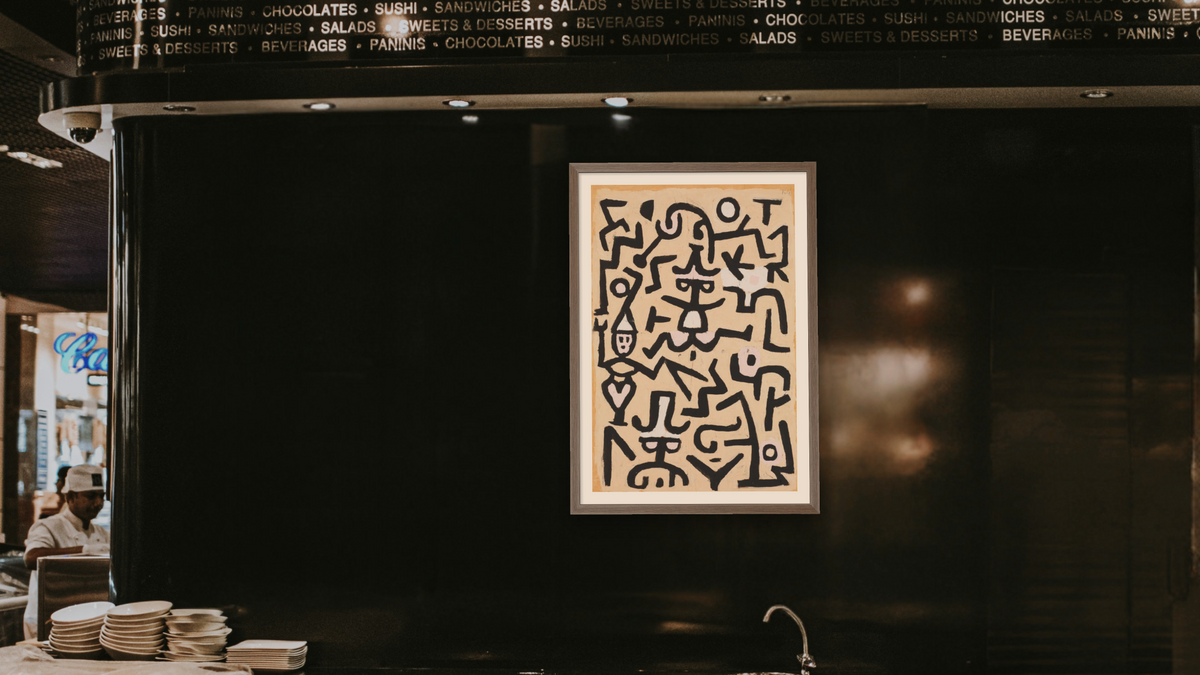 Comedians' Handbill by Paul Klee, shown at 28 × 42 in (71.1 × 106.7 cm) in Arber Light Walnut, restaurant