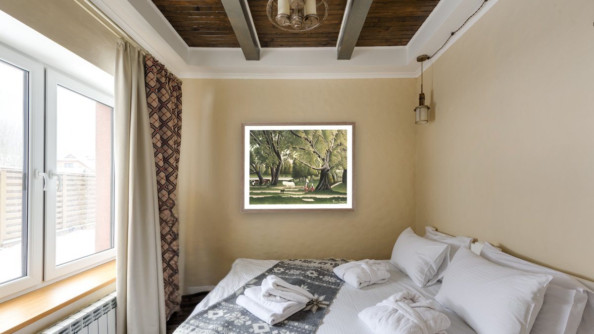 Summer by Henri Rousseau, shown at 30 × 40 in (76.2 × 101.6 cm) in Arber Light Walnut, hotel guest room
