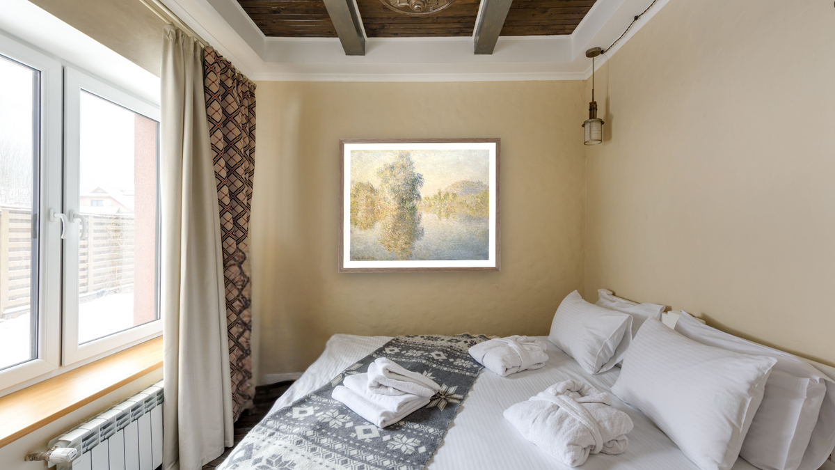 Early Morning On The Seine at Giverny by Claude Monet, shown at 32 × 40 in (81.3 × 101.6 cm) in Arber Light Walnut, hotel guest room