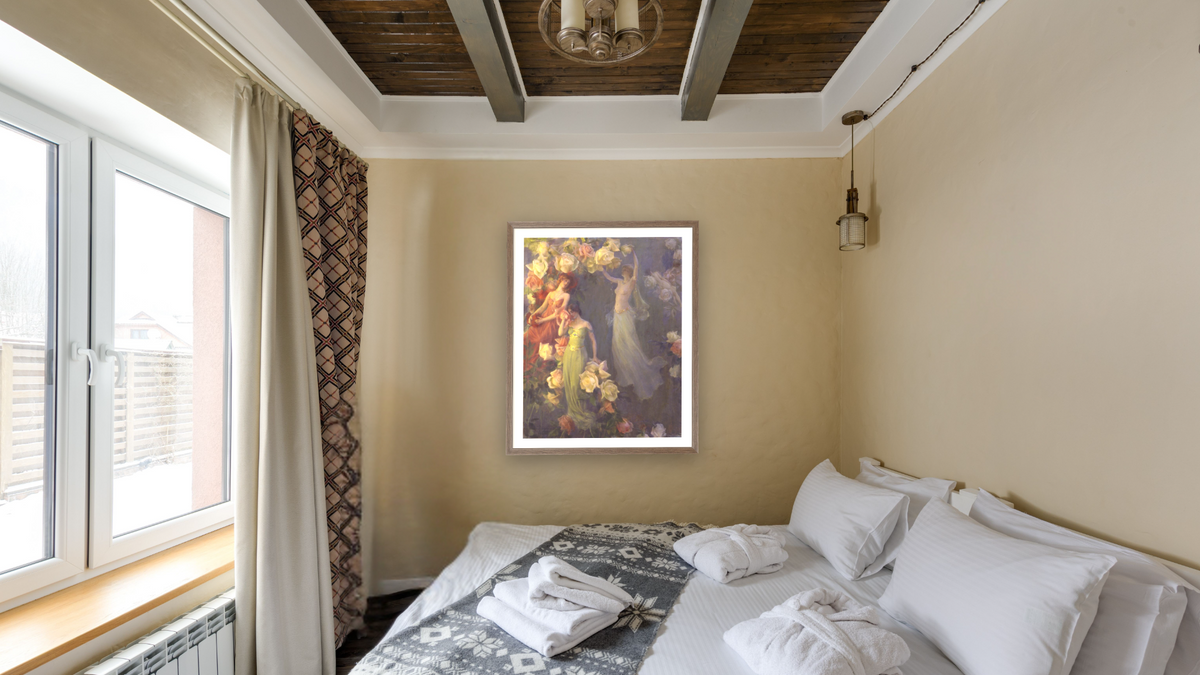 The Perfume of Roses by Charles Courtney Curran, shown at 32 × 40 in (81.3 × 101.6 cm) in Arber Light Walnut, hotel guest room
