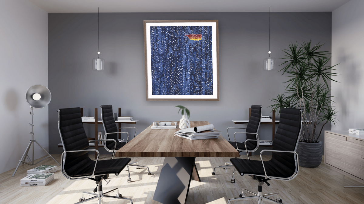 Starry Night and the Astronauts by Alma Thomas, shown at 36 × 40 in (91.4 × 101.6 cm) in Arber Light Walnut, boardroom
