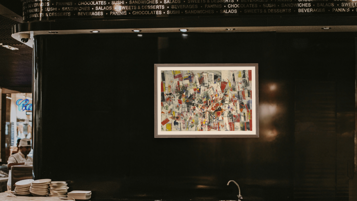 Composition (Composizione), shown at 28 × 42 in (71.1 × 106.7 cm) in Arber Light Walnut, restaurant