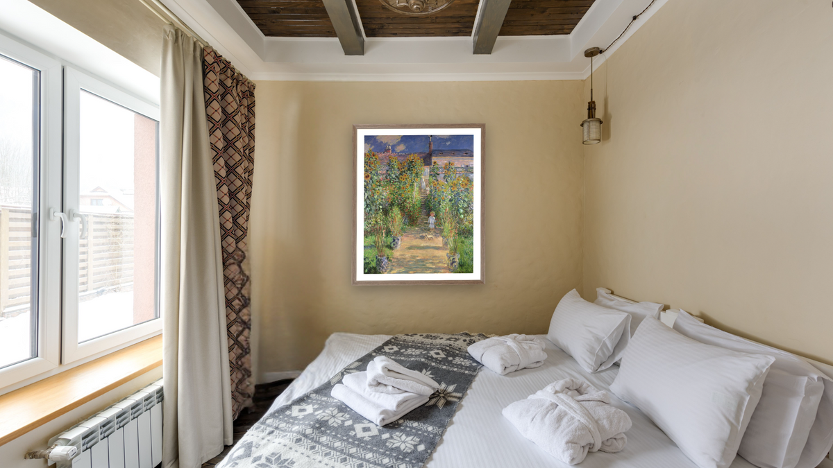 The Artist's Garden at Vetheuil by Claude Monet, shown at 32 × 40 in (81.3 × 101.6 cm) in Arber Light Walnut, hotel guest room