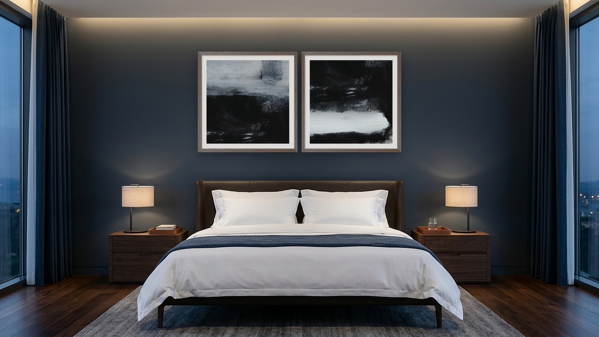 Diptych — On The Low 1 × On The Low 2, shown at 32 × 32 in (81.3 × 81.3 cm) in Arber Light Walnut, hotel guest room