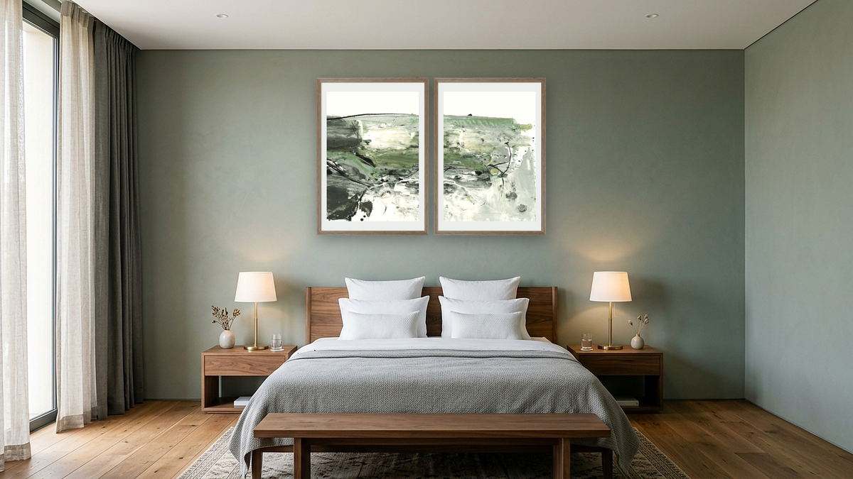 Diptych — Behold 1 × Behold 2, shown at 28 × 42 in (71.1 × 106.7 cm) in Arber Light Walnut, hotel guest room
