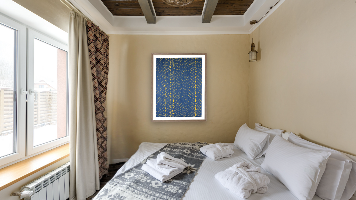 Grey Night Phenomenon by Alma Thomas, shown at 31 × 40 in (78.7 × 101.6 cm) in Arber Light Walnut, hotel guest room