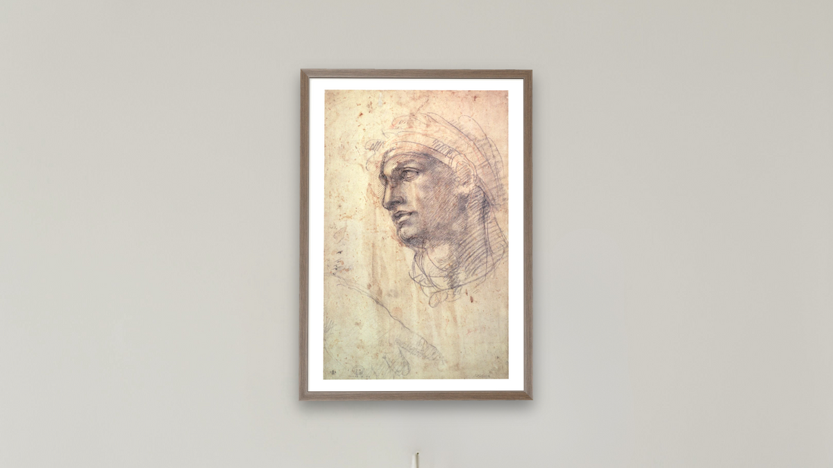 Study of a Head by Michelangelo Buonarroti, shown at 28 × 42 in (71.1 × 106.7 cm) in Arber Light Walnut, boardroom