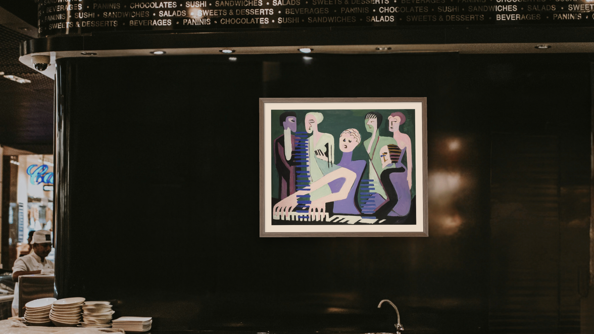 Singer on piano (pianist) by Ernst Ludwig Kirchner, shown at 32 × 40 in (81.3 × 101.6 cm) in Arber Light Walnut, restaurant