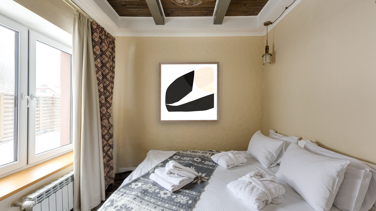 Minimal Shapes 3 by Dan Hobday, shown at 32 × 32 in (81.3 × 81.3 cm) in Arber Light Walnut, hotel guest room