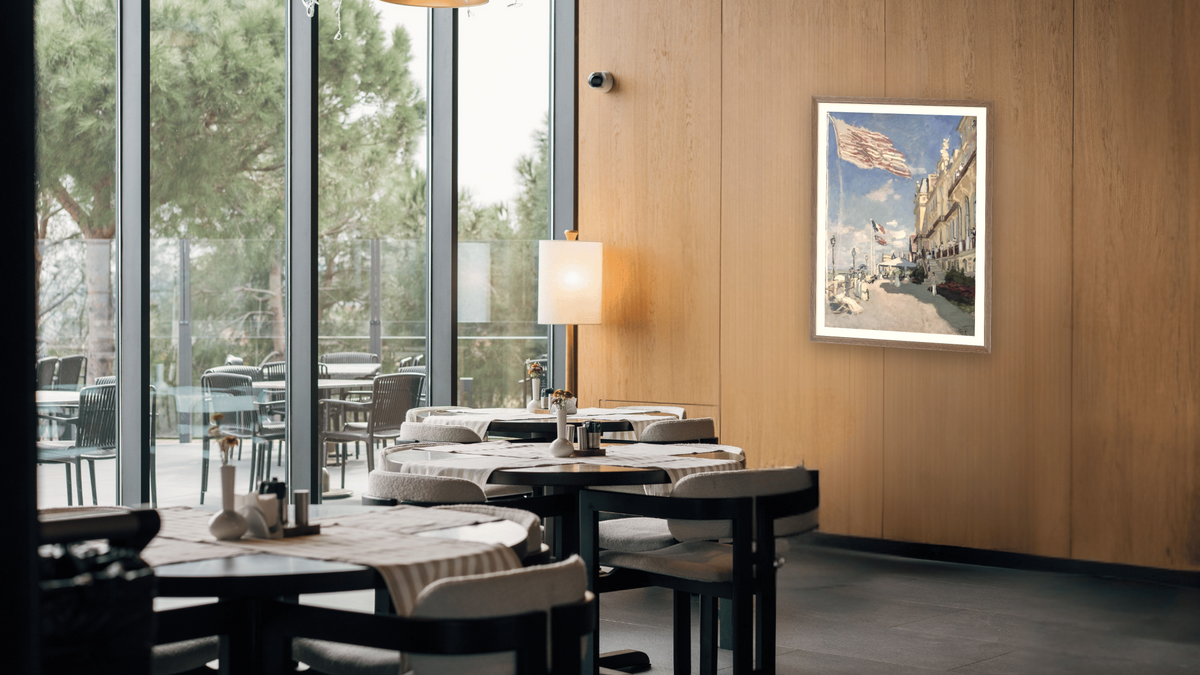 Hôtel des roches noires, Trouville by Claude Monet, shown at 29 × 42 in (73.7 × 106.7 cm) in Arber Light Walnut, restaurant