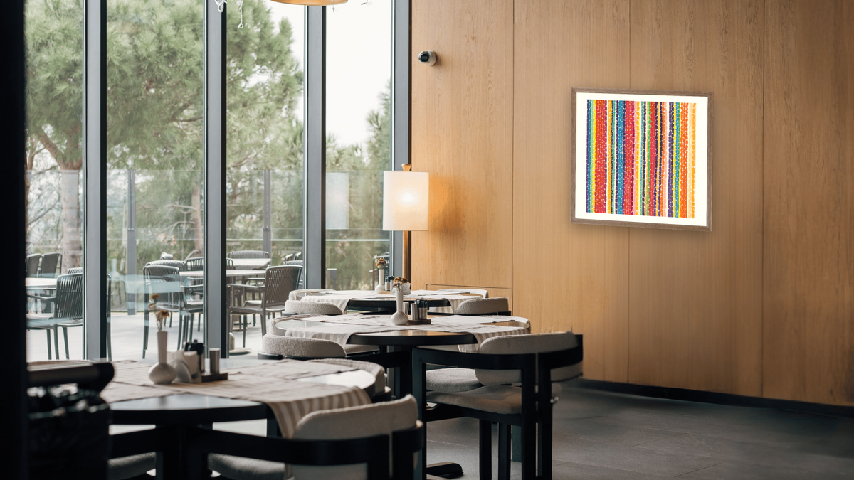 Tiptoe Through the Tulips by Alma Thomas, shown at 31 × 32 in (78.7 × 81.3 cm) in Arber Light Walnut, restaurant