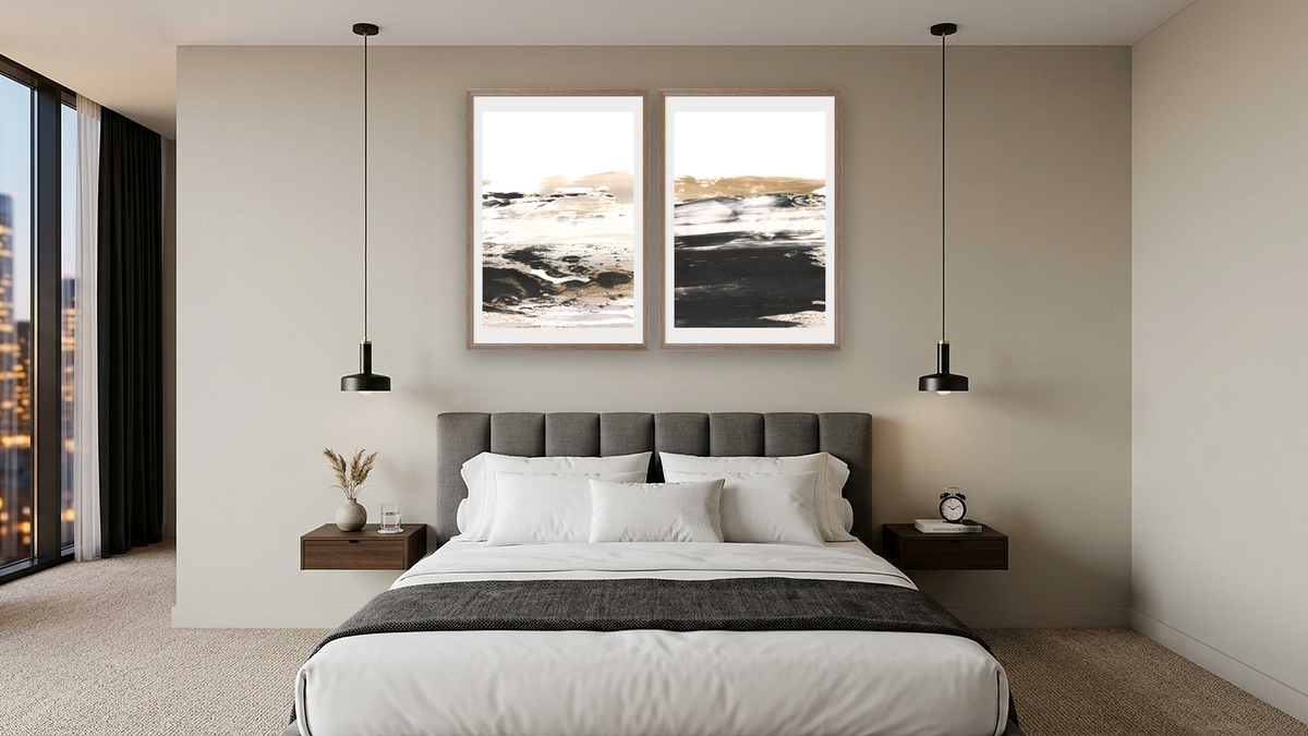 Diptych — Dune 2 × Dune 1, shown at 28 × 42 in (71.1 × 106.7 cm) in Arber Light Walnut, hotel guest room