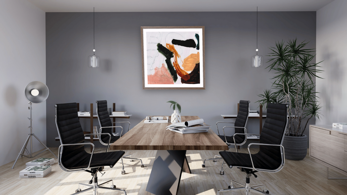 Play 2 by Dan Hobday, shown at 32 × 32 in (81.3 × 81.3 cm) in Arber Light Walnut, boardroom
