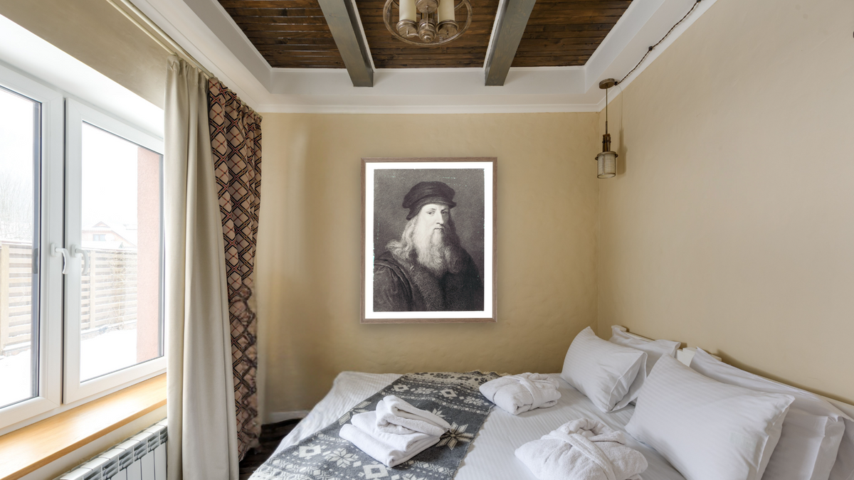 Leonardo da Vinci, engraved by Raphael Morghen by Leonardo da Vinci, shown at 32 × 40 in (81.3 × 101.6 cm) in Arber Light Walnut, hotel guest room