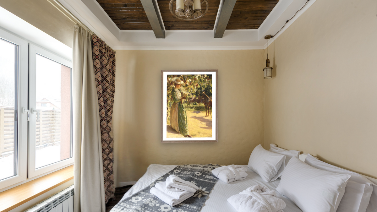 Woman with Horse and Carriage (Going for a Drive) by Charles Courtney Curran, shown at 30 × 40 in (76.2 × 101.6 cm) in Arber Light Walnut, hotel guest room