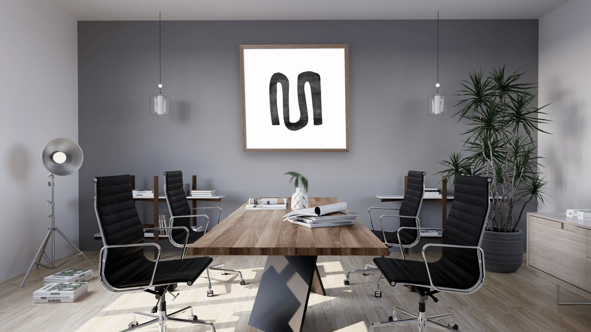 Mono Shapes 1 by Dan Hobday, shown at 32 × 32 in (81.3 × 81.3 cm) in Arber Light Walnut, boardroom