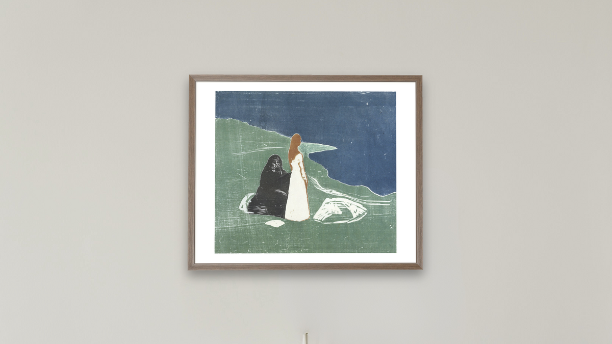 Two Women on the Beach by Edvard Munch, shown at 32 × 40 in (81.3 × 101.6 cm) in Arber Light Walnut, boardroom