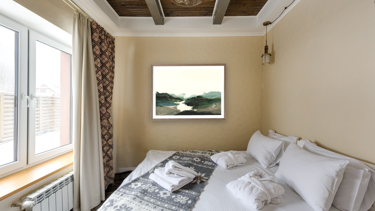 Highland View by Dan Hobday, shown at 30 × 42 in (76.2 × 106.7 cm) in Arber Light Walnut, hotel guest room
