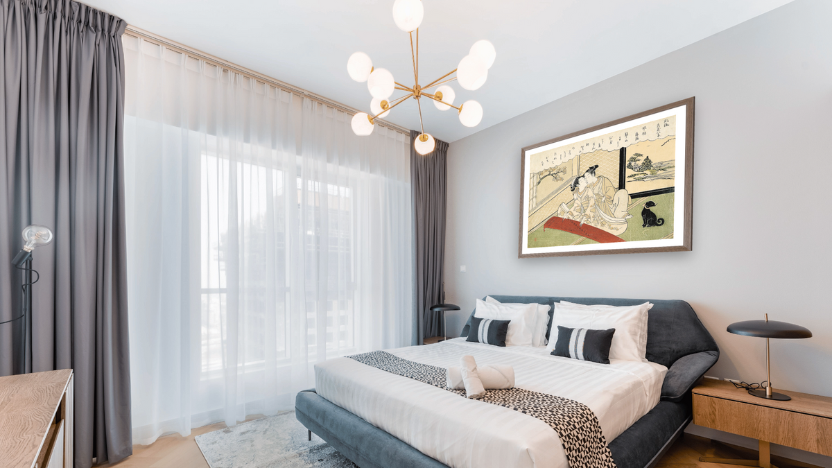 Geese descending on the Koto Bridges, illustration from the series 'Eight fashionable parlour views', shown at 30 × 40 in (76.2 × 101.6 cm) in Arber Light Walnut, hotel guest room