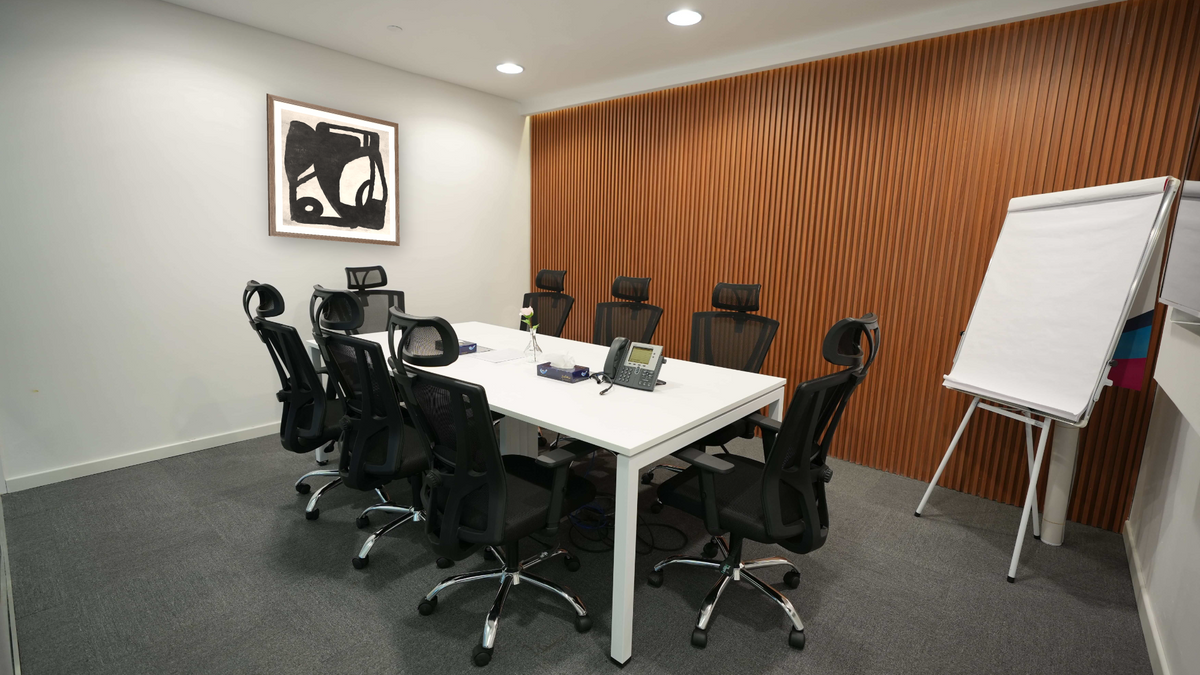 Mono Set 4 by Dan Hobday, shown at 32 × 32 in (81.3 × 81.3 cm) in Arber Light Walnut, boardroom