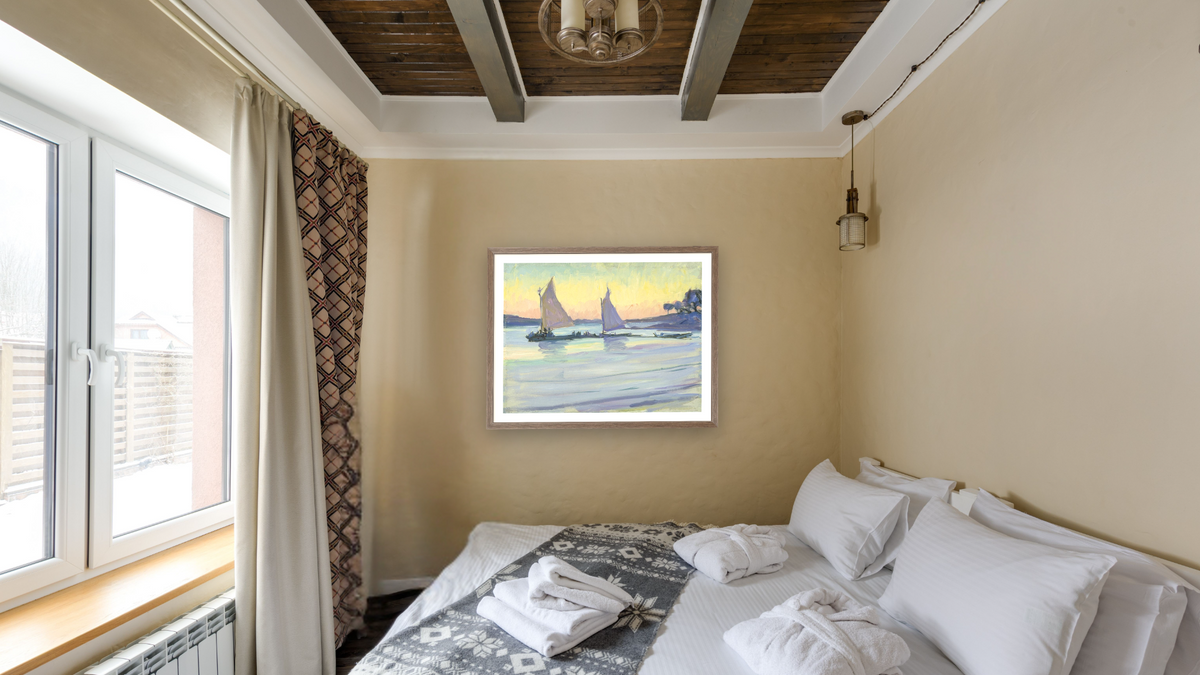 Boats on the Nile, Dawn by Jane Peterson, shown at 30 × 40 in (76.2 × 101.6 cm) in Arber Light Walnut, hotel guest room