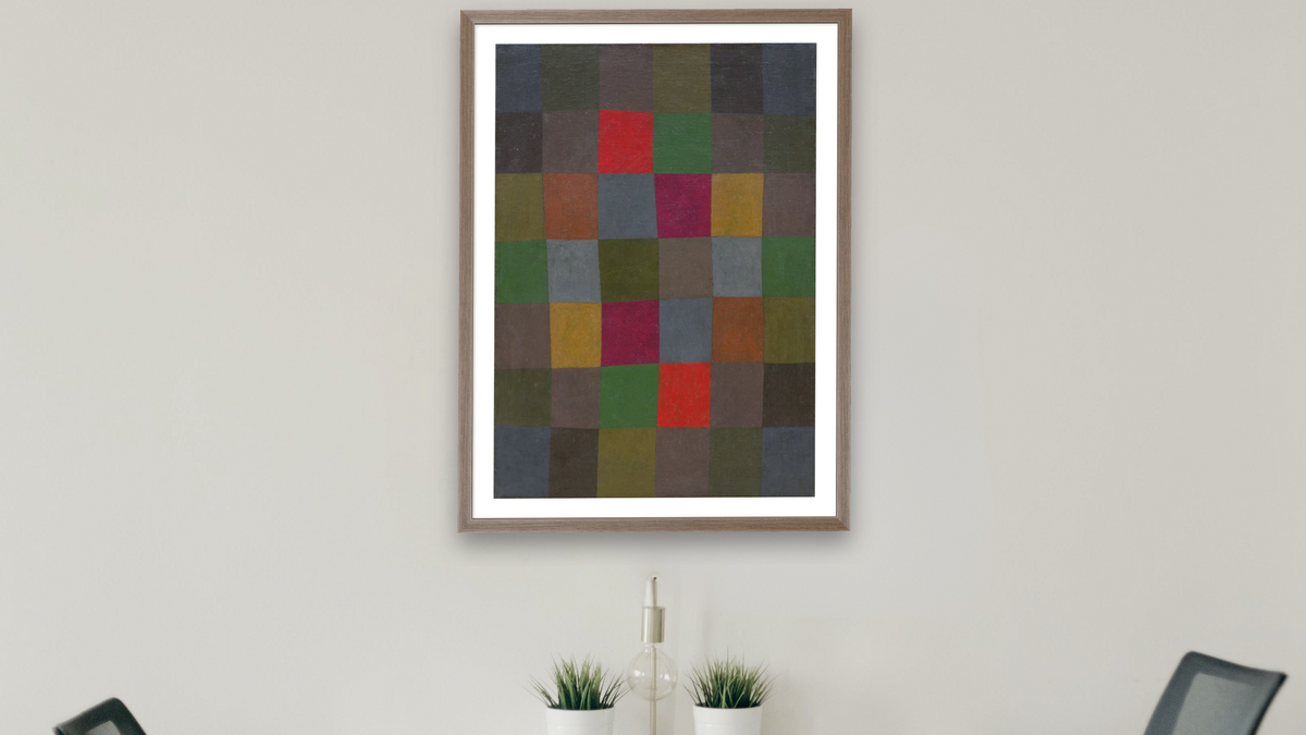 New Harmony (Neue Harmonie) by Paul Klee, shown at 30 × 42 in (76.2 × 106.7 cm) in Arber Light Walnut, boardroom