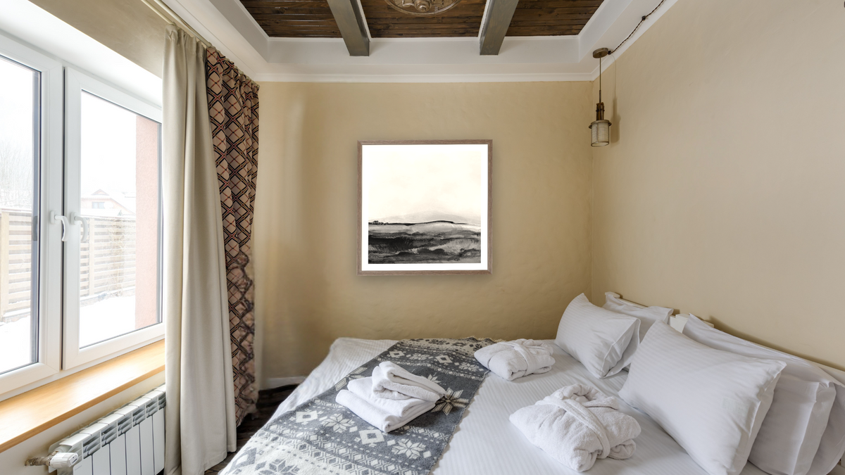 Mono Landscape 1 by Dan Hobday, shown at 32 × 32 in (81.3 × 81.3 cm) in Arber Light Walnut, hotel guest room