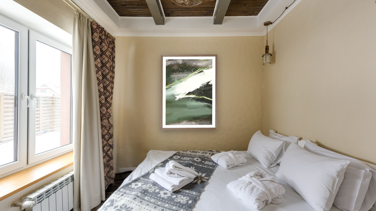 Cast 1 by Dan Hobday, shown at 30 × 42 in (76.2 × 106.7 cm) in Arber Light Walnut, hotel guest room