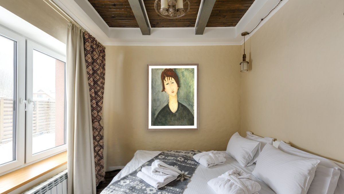 A Woman by Amedeo Modigliani, shown at 30 × 40 in (76.2 × 101.6 cm) in Arber Light Walnut, hotel guest room