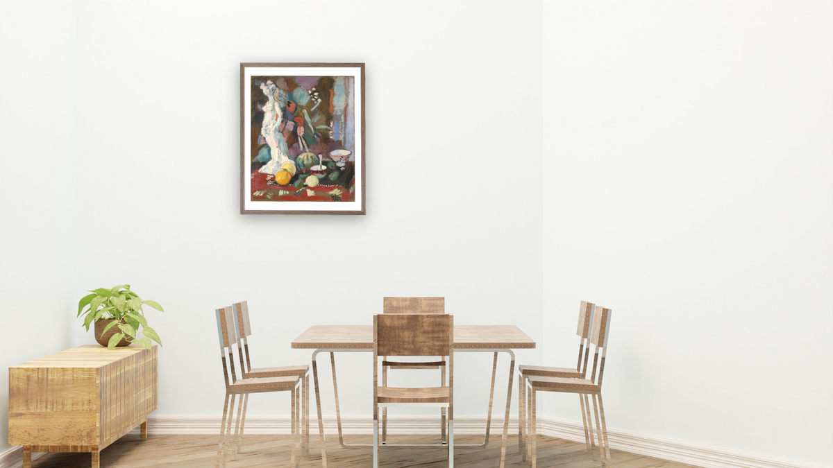 Nature morte à la statuette (Still Life with Plaster Figure) by Henri Matisse, shown at 32 × 40 in (81.3 × 101.6 cm) in Arber Light Walnut, restaurant