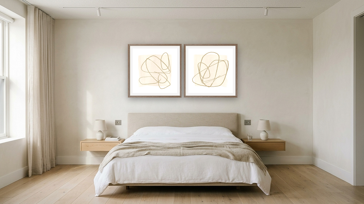 Diptych — Touch 1 × Touch 2, shown at 32 × 32 in (81.3 × 81.3 cm) in Arber Light Walnut, hotel guest room