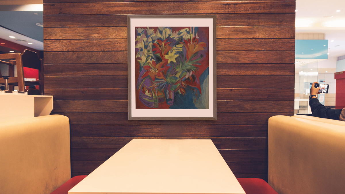 Still Life with Lilies by Ernst Ludwig Kirchner, shown at 32 × 40 in (81.3 × 101.6 cm) in Arber Light Walnut, restaurant