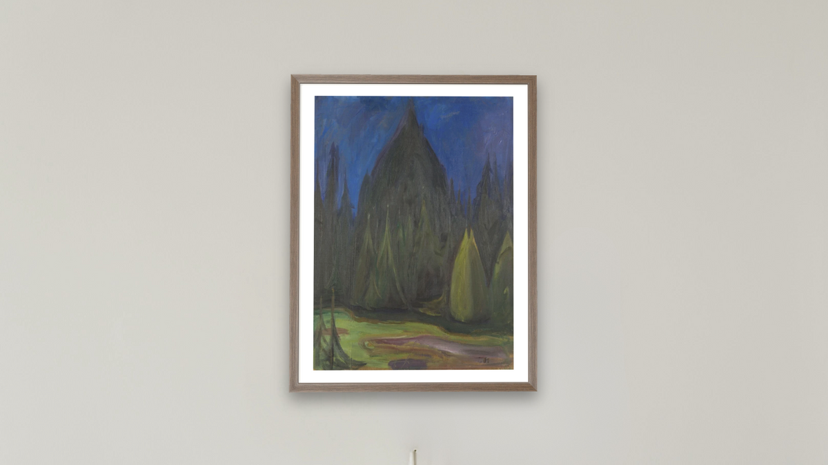 Dark Spruce Forest by Edvard Munch, shown at 30 × 40 in (76.2 × 101.6 cm) in Arber Light Walnut, boardroom