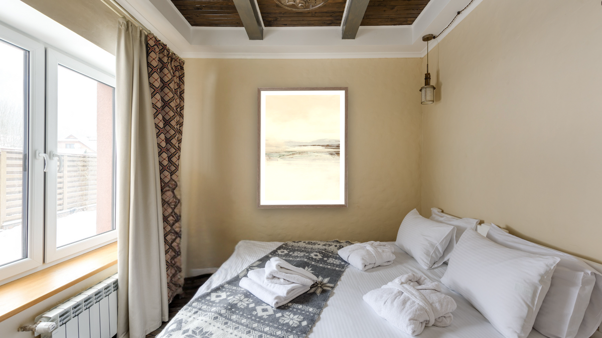 Calm Set 1 by Dan Hobday, shown at 30 × 42 in (76.2 × 106.7 cm) in Arber Light Walnut, hotel guest room