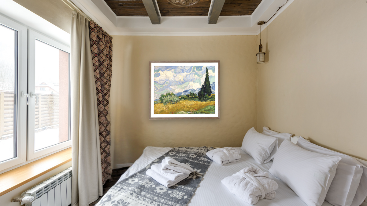 Wheat Field with Cypresses by Vincent van Gogh, shown at 32 × 40 in (81.3 × 101.6 cm) in Arber Light Walnut, hotel guest room