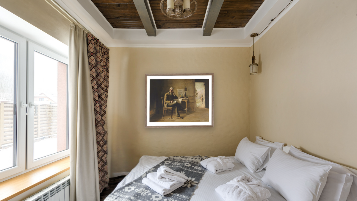 From a distant land by David Davies, shown at 30 × 40 in (76.2 × 101.6 cm) in Arber Light Walnut, hotel guest room