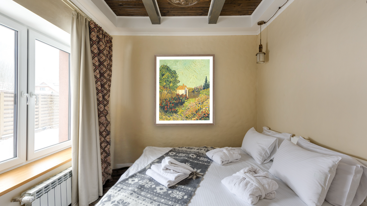 Landscape by Imitator of Vincent van Gogh, shown at 33 × 40 in (83.8 × 101.6 cm) in Arber Light Walnut, hotel guest room